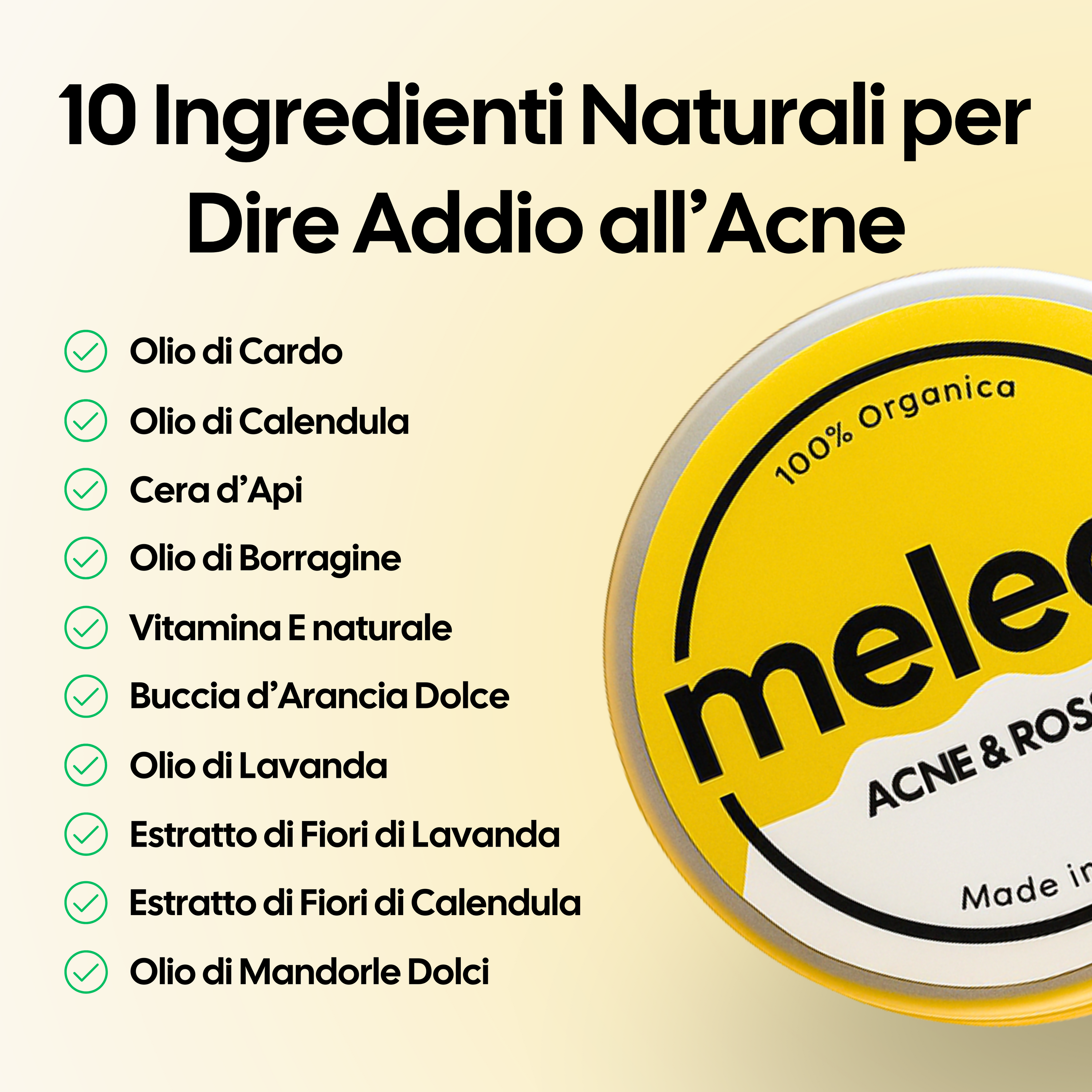 10 ingredienti naturali della crema Meleqo (come calendula, lavanda, borragine) accanto al barattolo del prodotto